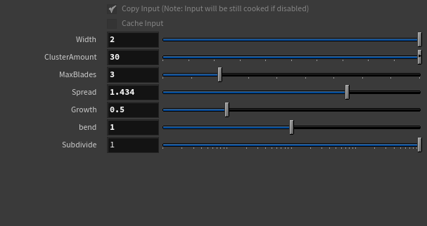 Houdini parameter interface showing Width, ClusterAmount, MaxBlades, Spread, Growth, Bend, and Subdivide controls